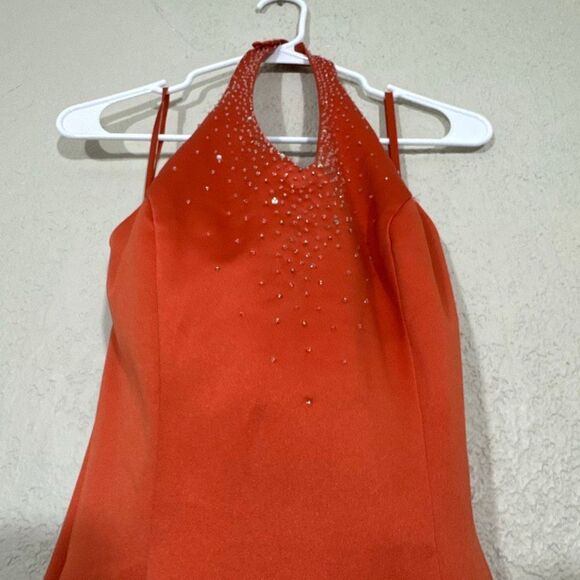 Women's Vintage Long Formal Dress Orange Size 2 Halter Neck Sleeveless Beaded - Picture 3 of 16